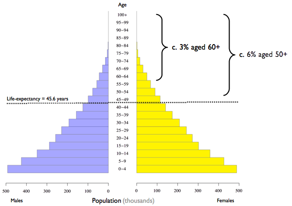 Population pyramid for a setting with low life-expectancy