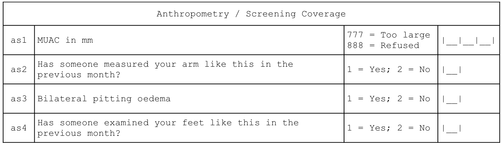 Anthropometry and screening questionnaire module